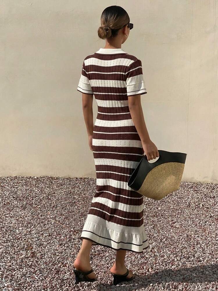 Women's Elegant Turndown Collar Colorblock Striped Knit Dress, Summer