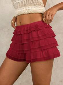 SHEIN Swim Women's Solid Color Ruffle Trim Coverup Skort Set Holiday Beach Vacation Holiday Burgundy Summer Boho Cute - Burgundy - View 3