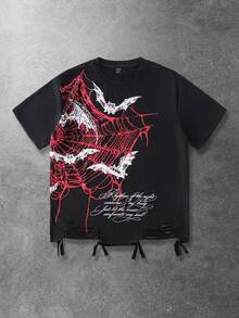 ROMWE MEN Goth Men's Letter & Spider Web Print Round Neck Short Sleeve Casual T-Shirt - Black - View 1
