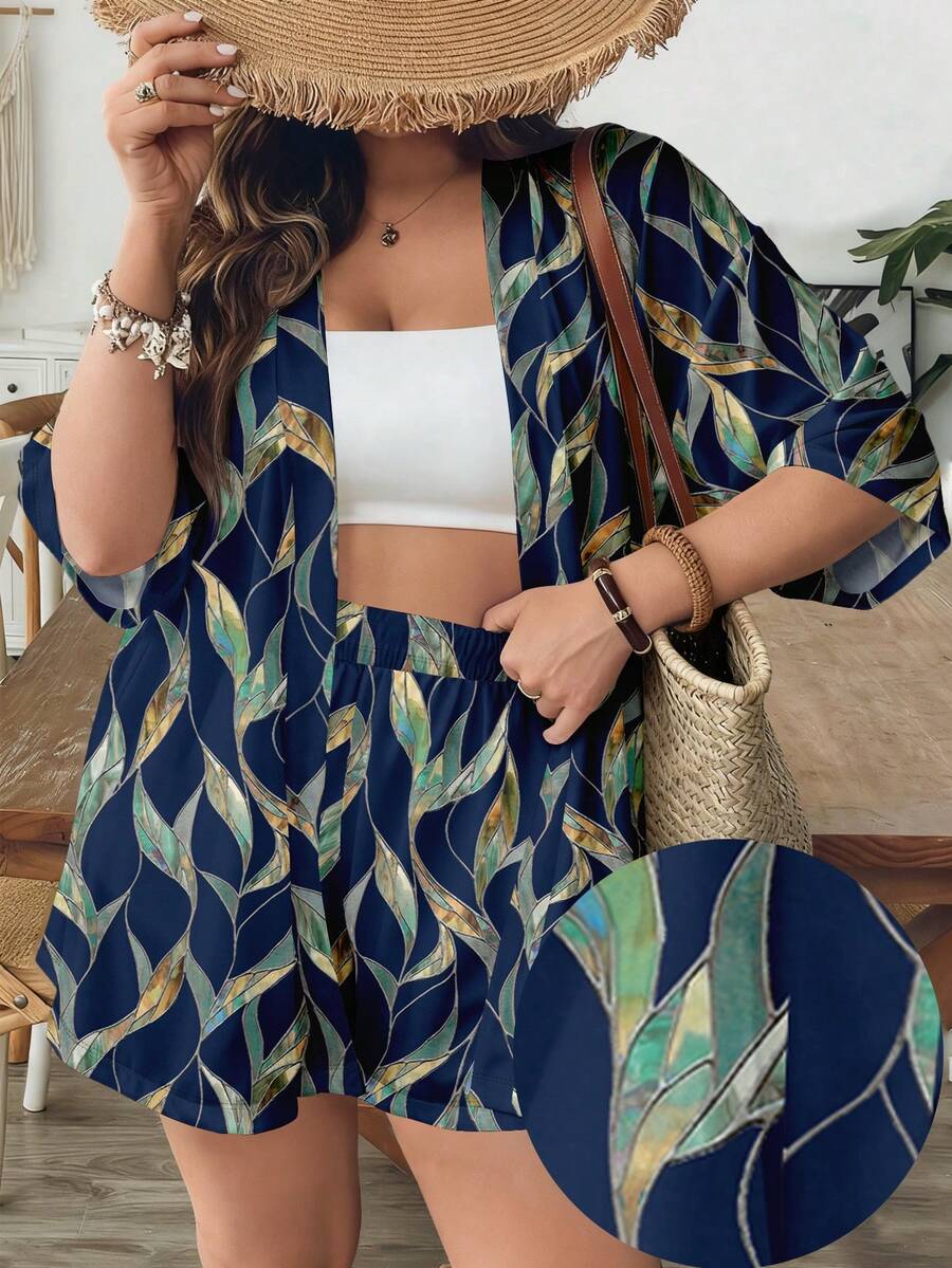 SHEIN VCAY Conjunto informal minimalista de 2 piezas con estampado de hojas retro, adecuado para el verano - Multicolor - Ver 1