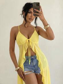 Swim SXY 2026 New Spring/Summer Sexy Romantic Vacation Style Chiffon Ruffle Tie-Up Slit Mid-Length Camisole Design, Spaghetti Strap Deep V-Neck With Front Drawstring Ruffle Splice Side Slit Chiffon Fabric Design, Fitted Mid-Length Style Women Camisole, Light Yellow Women Sexy Camisole - Light Yellow - View 8