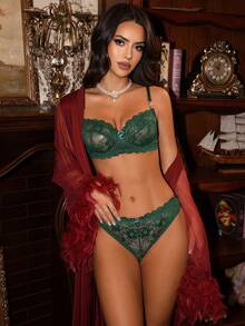 SHEIN 两件套经典性感蕾丝女士内衣套装 - 墨綠色 - 查看 5