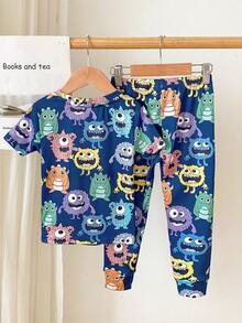 SHEIN Cartoon Cute Pattern Casual Minimalist Snug Fit Comfortable Round Neck Short Sleeve Pants Home Outfit, Suitable For Summer Children Pajamas Home Set - Multicolor - View 2