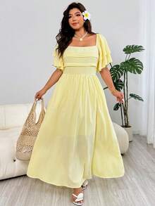 Solflare Romantic Ruffle Sleeve Dress With Pleated Bust Decor, A-Line Silhouette, Flowy Hem, Yellow, Suitable For Vacation, Plus Size - Yellow - View 3