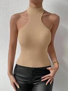 RosyDaze Solid Color Fitted Ribbed Knit Sleeveless Top - Camel - View 5