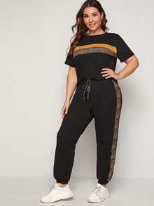 Mulvari Conjunto de camiseta y pantalón de chándal con panel de estampado de leopardo, verano - Negro - Ver 4