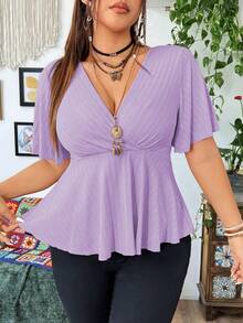 Áo thun nữ cỡ lớn cổ chữ V tay bèo gấu ngắn - Màu tím  Violet - Xem 6