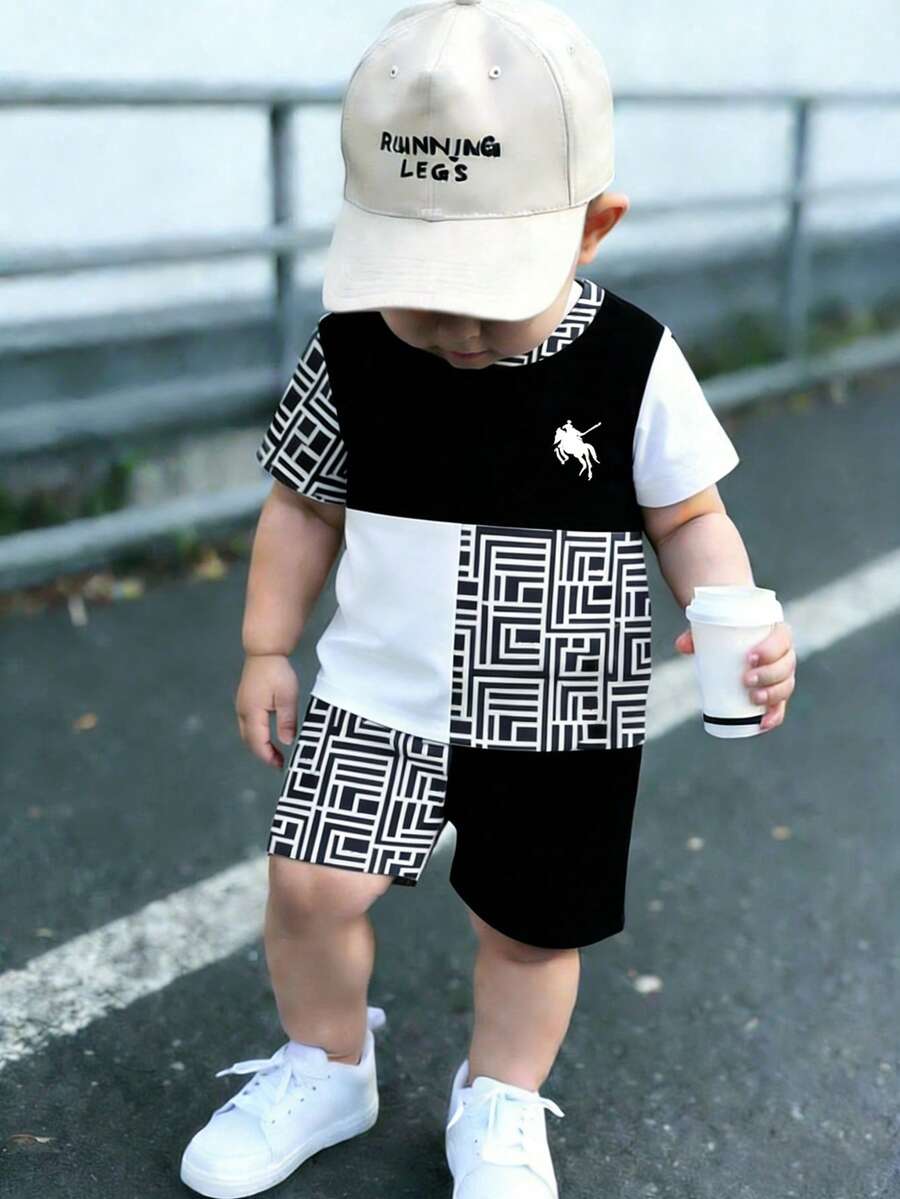 2-Piece Baby Boys Set,Black And White Plaid Equestrian Print Crew Neck T-Shirt & Shorts,Summer Casual City Break Outfit,Korean Style Clothing - Multicolor - View 1