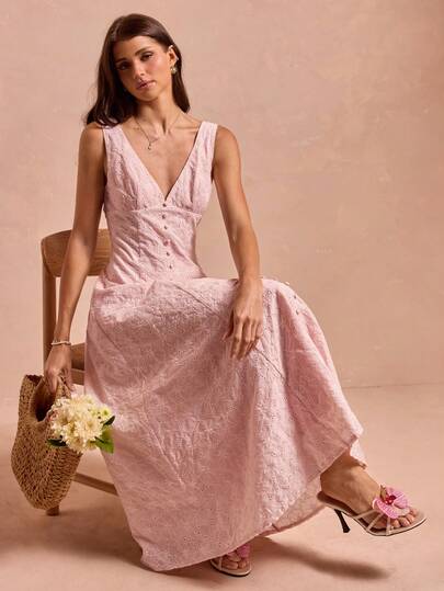 Enchnt Vestido elegante sin mangas con diseño de botones en escote en V para mujer