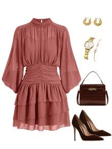 SHEIN Clasi Batwing Sleeve Ruffle Hem Romantic Dress, Suitable For Dates - Dusty Pink - View 7