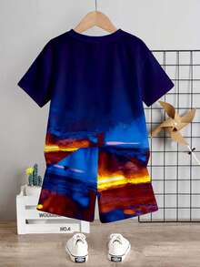 SHEIN 2pcs/Set Young Boy Casual Soft Comfortable Tie-Dye 3D Oversized Dinosaur Print Round Neck Short Sleeve T-Shirt And Shorts Set, Suitable For Summer, Daily, Street, Outing, Home, Vacation, Spring & Summer Fashion, Summer Outfits For , Easy Comfort, Layers For Kids, Stylish Kids, Casual Wear, Kids Graphic T-Shirts, Back To School, Spring & Summer Clothes - Multicolor - View 2