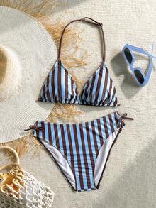 SHEIN Bộ đồ bơi tankini hở lưng kẻ sọc dành cho thiếu nữ, đồ bơi hai mảnh thời trang, họa tiết ngẫu nhiên, thích hợp cho kỳ nghỉ hè ở bãi biển. - Nhiều màu - Xem 6