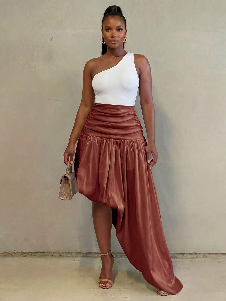 BamGleam 春季情人节新年假日新款白色宽松不规则下摆收腰女裙，时尚活泼的度假嘻哈休闲风，适合旅行、日常穿着、返校、派对等场合。 - 紅色 - 查看 1