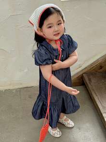 Toddler Girls' Casual Denim Collared Short Sleeve Top - Blue - View 7