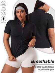 SHEIN Rhythm Era Plus Size Dopamine Pink Raglan Short Sleeve Zip-Up Jacket - Black - View 1