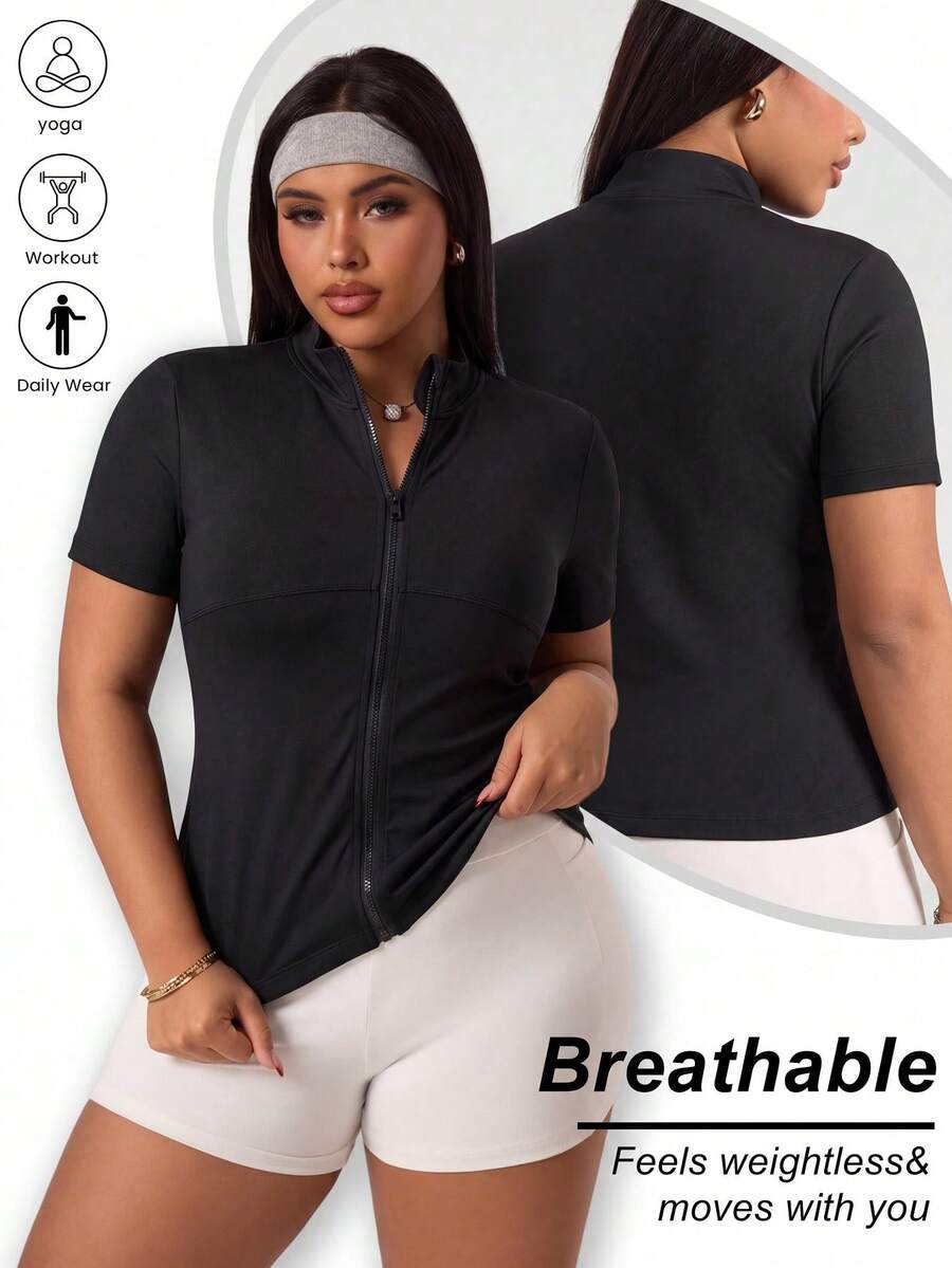 SHEIN Rhythm Era Plus Size Dopamine Pink Raglan Short Sleeve Zip-Up Jacket - Black - View 1