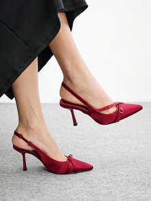 CUCCOO BIZCHIC 女士尖头性感后跟替换扣低鞋面细高跟通勤布多功能侧镂空女式高跟鞋 - 酒紅沙丁 - 查看 2