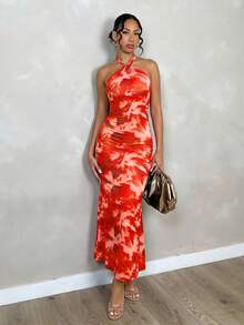 Allurite Đầm maxi dáng đuôi cá, cổ chữ V, hở lưng, in họa tiết tie-dye, thiết kế thắt nút xoắn, thích hợp cho đi làm hàng ngày, đi biển, dự tiệc riêng, hẹn hò buổi tối, lễ hội âm nhạc mùa hè - Họa tiết hoa ngẫu nhiên - Nhiều màu - Xem 4