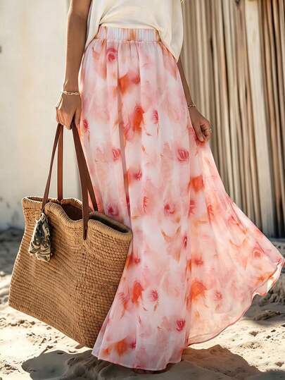 Balvessa Pink Chiffon Tie-Dye Print A-Line Skirt, Vacation