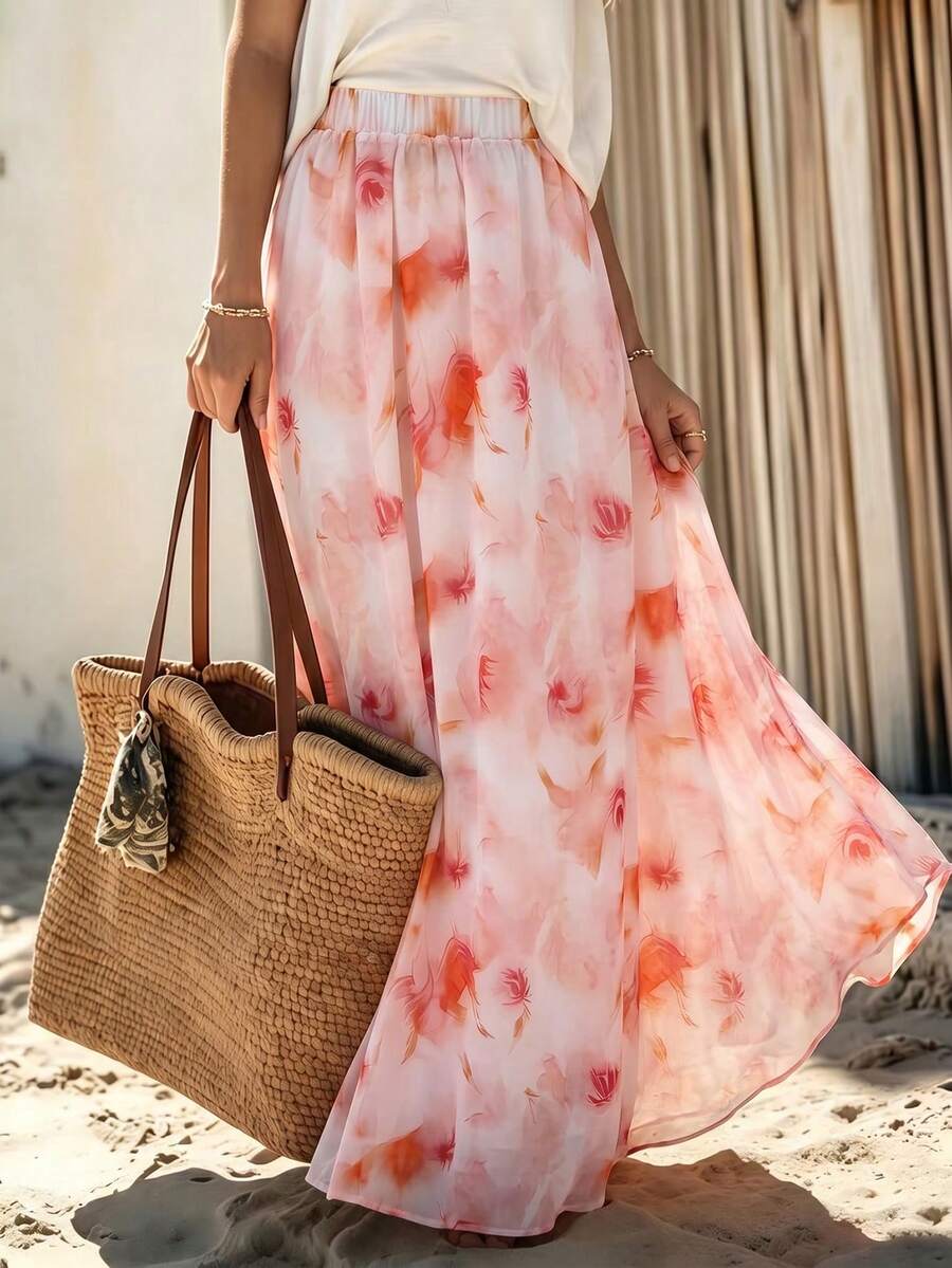 Balvessa Rosa chiffongkjol med tie-dye-mönster, A-linjeformad, semester - Rosa - Visa 1