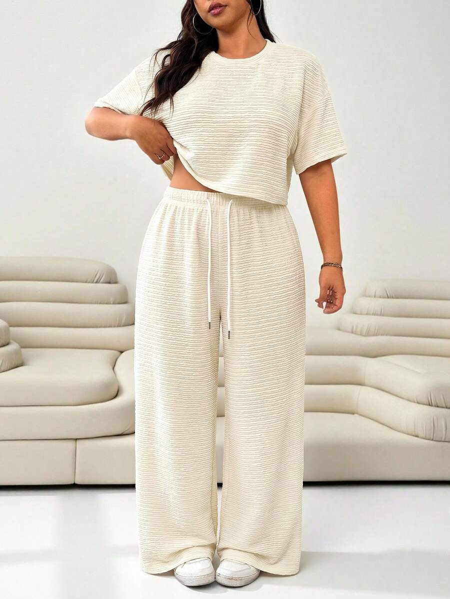 Solflare Plus Size Beige Round Neck Short Sleeve Top And Drawstring Waist Long Pants Casual 2 Pieces Set - Beige - View 1