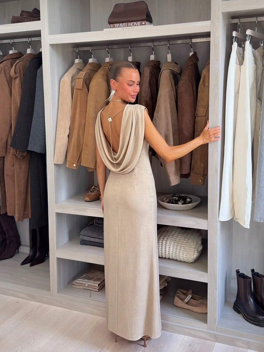 Siren Gaze 女士优雅纯色露背连衣裙，夏季 - 杏色 - 查看 1