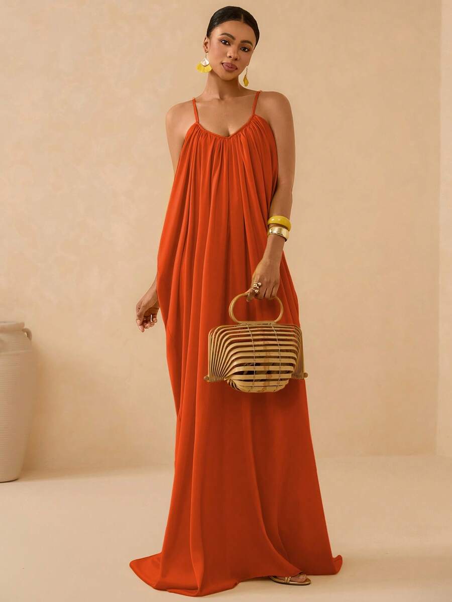 Vesra Spaghetti Strap Deep V-Neck Backless Pleated Dress With Draped Tail, Sexy & Elegant For Women - Burnt Orange - View 1