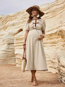 Boho Mama Đầm bầu cho con bú buộc dây phía trước, tay ngắn - Màu be - Xem 1