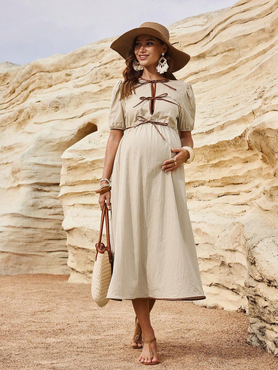 Boho Mama Đầm bầu cho con bú buộc dây phía trước, tay ngắn - Màu be - Xem 1