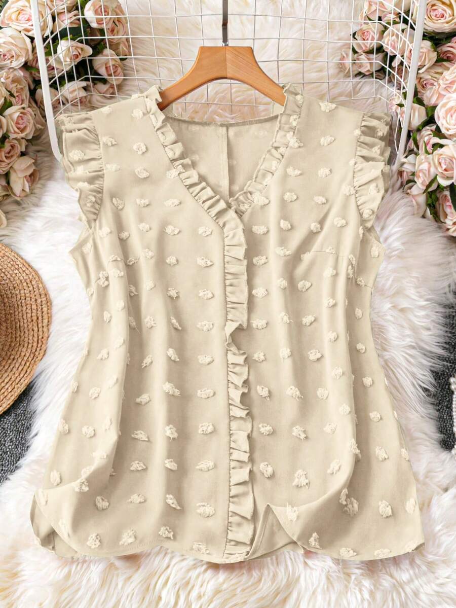 SHEIN DreamScene Plus Size Women Solid Color Ruffle V-Neck Cap Sleeve Blouse - Apricot - View 1