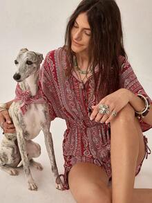 Bộ áo liền quần kiểu bohemian họa tiết dây rút cho kỳ nghỉ hè trên bãi biển - Màu Đỏ Sâu - Xem 4