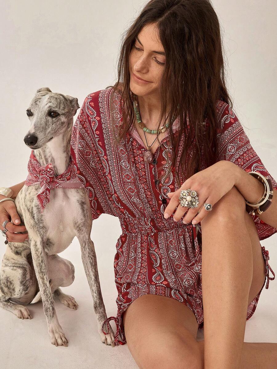 Mono de playa de verano con estampado bohemio y cordón - Burdeos - Ver 1