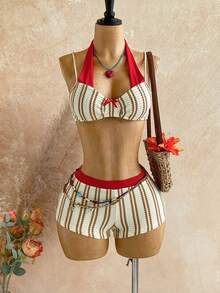 Soleia Women's Vacation Beach Striped Backless Halter Top And Shorts 2 Pieces Set - Multicolor - View 4
