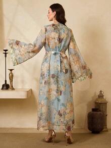 Al Najma 女士花卉V领喇叭袖优雅阿拉伯风格连衣裙 - 藍色 - 查看 3