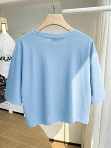 Comfortcana Casual Solid Sky Blue Round Neck Short Sleeve Cropped Women T-Shirt, Suitable For Summer - Baby Blue - View 2