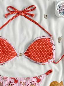 Swim Mod Conjunto de bikini de dos piezas con estampado de lunares de océano y top de atar para vacaciones de verano, atuendo casual de playa para mujer - Multicolor - Ver 5