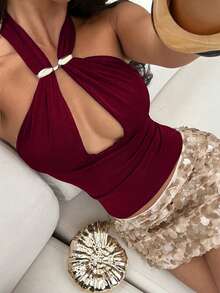 Top Sexy de Mujer  con Aberturas, Decoración de Hebilla Metálica, Cuello Halter con Cordones, Amarillo Claro, Primavera, Top para Salir, Top Sexy para Mujer - Burdeos - Ver 6