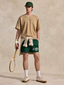 Courvante Men's Slogan Print Round Neck Short Sleeve Casual T-Shirt T Oversized Y2k Clothing Streetwear Beige Graphic Shirt Fall Clothes, Knit Fabric Letter, For Tennis Sport, Father's Day Gift For Father & Boyfriend, Outfits For Men - Khaki - View 8