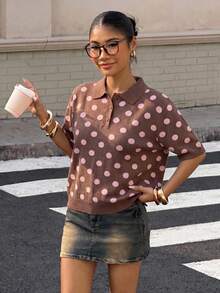 Muchica 女士休闲粉色波点 Polo 领短袖针织衫，春假穿搭，女士户外衬衫，可爱学院风上衣，可爱短袖波点衬衫，波点上衣，波点衬衫 - 彩色 - 查看 5