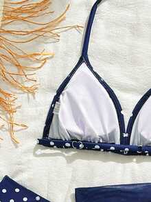 SHEIN Bộ bikini chấm bi xanh navy và trắng dành cho bé gái tuổi teen: Áo tam giác buộc dây cổ, quần tam giác, váy lưới màu xanh navy. Phong cách nghỉ dưỡng Pháp dễ thương, kín đáo và thoải mái, thích hợp cho bơi lội, hồ bơi, lướt sóng, kỳ nghỉ, lễ hội, nghỉ xuân, bãi biển. - Nhiều màu - Xem 5