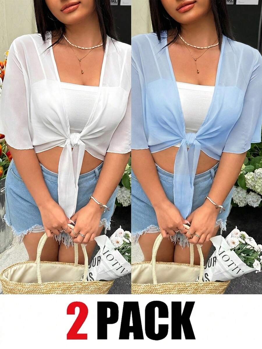 GalTyme Plus Size Women Solid Color Pleated Casual Versatile Daily Wear Shawl Top 2-Piece Set - Blue - View 1