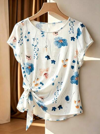 GlowEve CURVE Camiseta de manga corta con cuello redondo y estampado, de estilo elegante y de vacaciones, para mujer de talla grande, primavera/verano