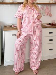 Slumberry CURVE Conjunto de pijama de talla grande con estampado de rayas y lazo - Multicolor - Ver 1