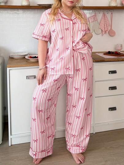 Slumberry CURVE Sweet Striped Bow Pattern Plus Size Pajama Set