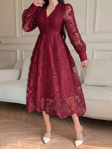 Vestido midi de mujer con cuello en V de encaje y mangas de pétalo, primavera/verano - Burdeos - Ver 4