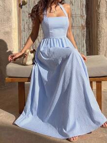 Sweetra Vestido casual de estilo europeo y americano con rayas azules y blancas, sin tirantes, sin espalda y corte evasé para vacaciones, con estilo sexy - Azul - Ver 3