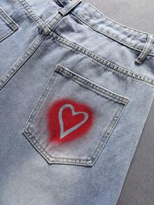 Manfinity Denimwave Quần short denim ống đứng dáng rộng, thời trang, họa tiết môi đỏ và trái tim, phong cách đường phố mùa hè đa năng. - Rửa nhẹ - Xem 7