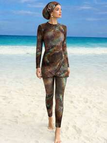 Swim Mulvari Bộ đồ bơi 3 món phong cách Bohemian Wasteland dành cho nữ: Đồ bơi + Quần + Váy, che phủ toàn thân, thích hợp cho mùa xuân/hè. - Rỉ Nâu - Xem 4