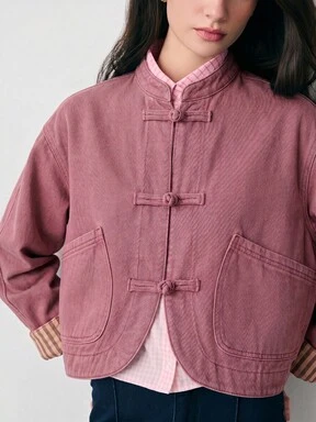 Nöista Chaqueta de mezclilla con botón de estilo oriental, ajuste regular, cuello Mao y bolsillos delanteros, estilo chino. Primavera, verano, casual para festivales.
