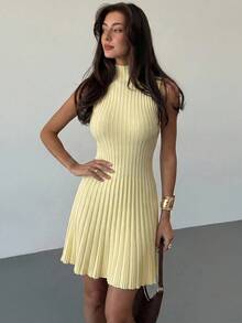 Aloruh Minimalist Elegant Stand Collar Sleeveless A-Line Mini Ribbed Knit Dress For Women - Light Yellow - View 4